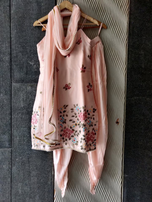 Peach Handprinted Kurta and Dhoti Set Anarkali And Suits
