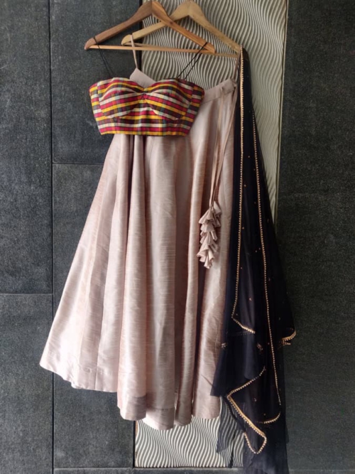 Beige Checkered Bustier Lehenga Set Lehengas