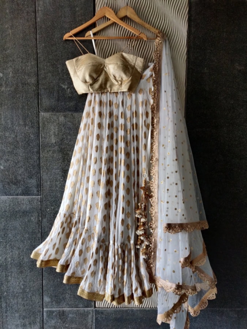Ivory and Champagne Gold Bustier Lehenga Set Lehengas