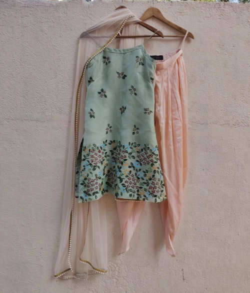 Mint and Peach Hand Painted Kurta and Dhoti Set Anarkali And Suits