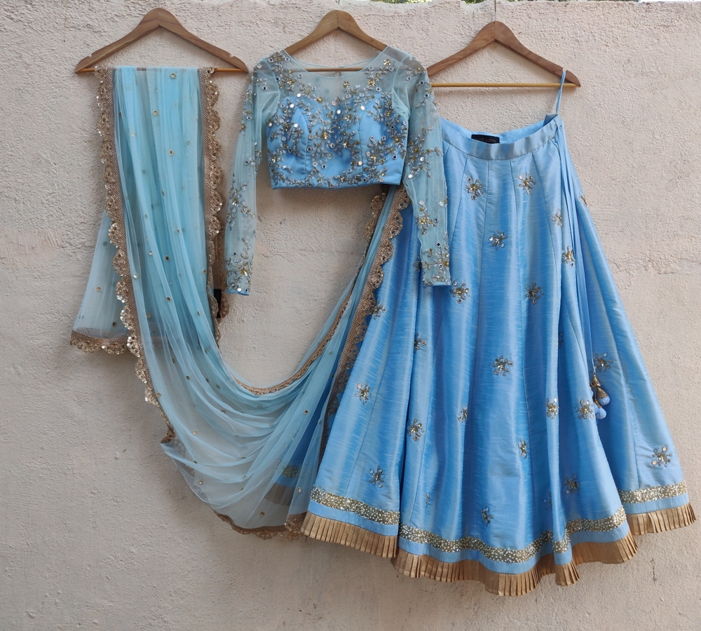 Powder Blue Mirror and Thread Embroidered Lehenga Set Bridesmaids