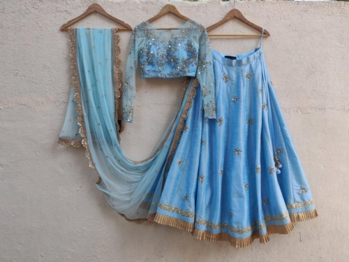 Powder Blue Mirror and Thread Embroidered Lehenga Set Lehengas