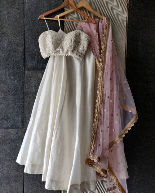 Ivory and Pink Thread Work Bustier and Lehenga Set - Fashion Brand & Designer Priti Sahni