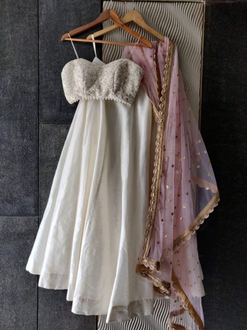 Ivory and Pink Thread Work Bustier and Lehenga Set Lehengas