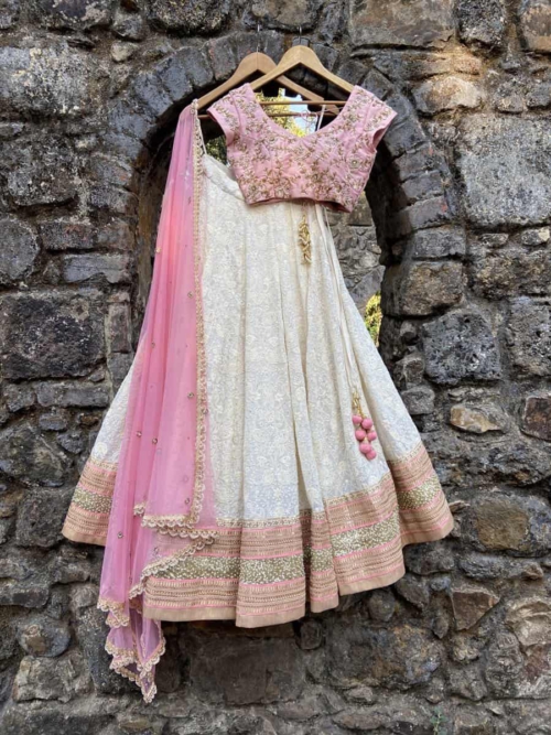 Ivory and Pink Lucknowi Lehenga Set Lehengas