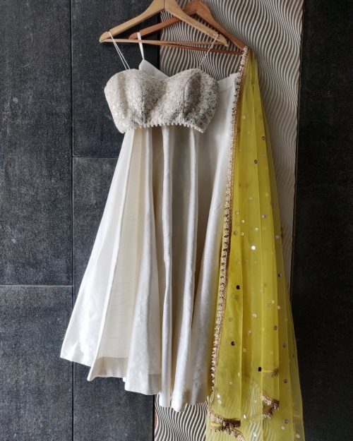 Ivory and Yellow Thread Work Bustier and Lehenga Set - Fashion Brand & Designer Priti Sahni