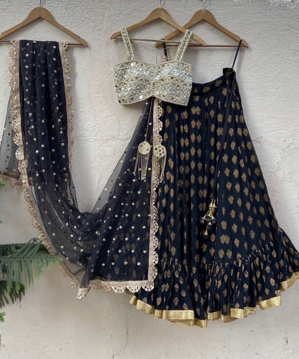 Black Ruffle Lehenga Set with Mirror Blouse Bridesmaids