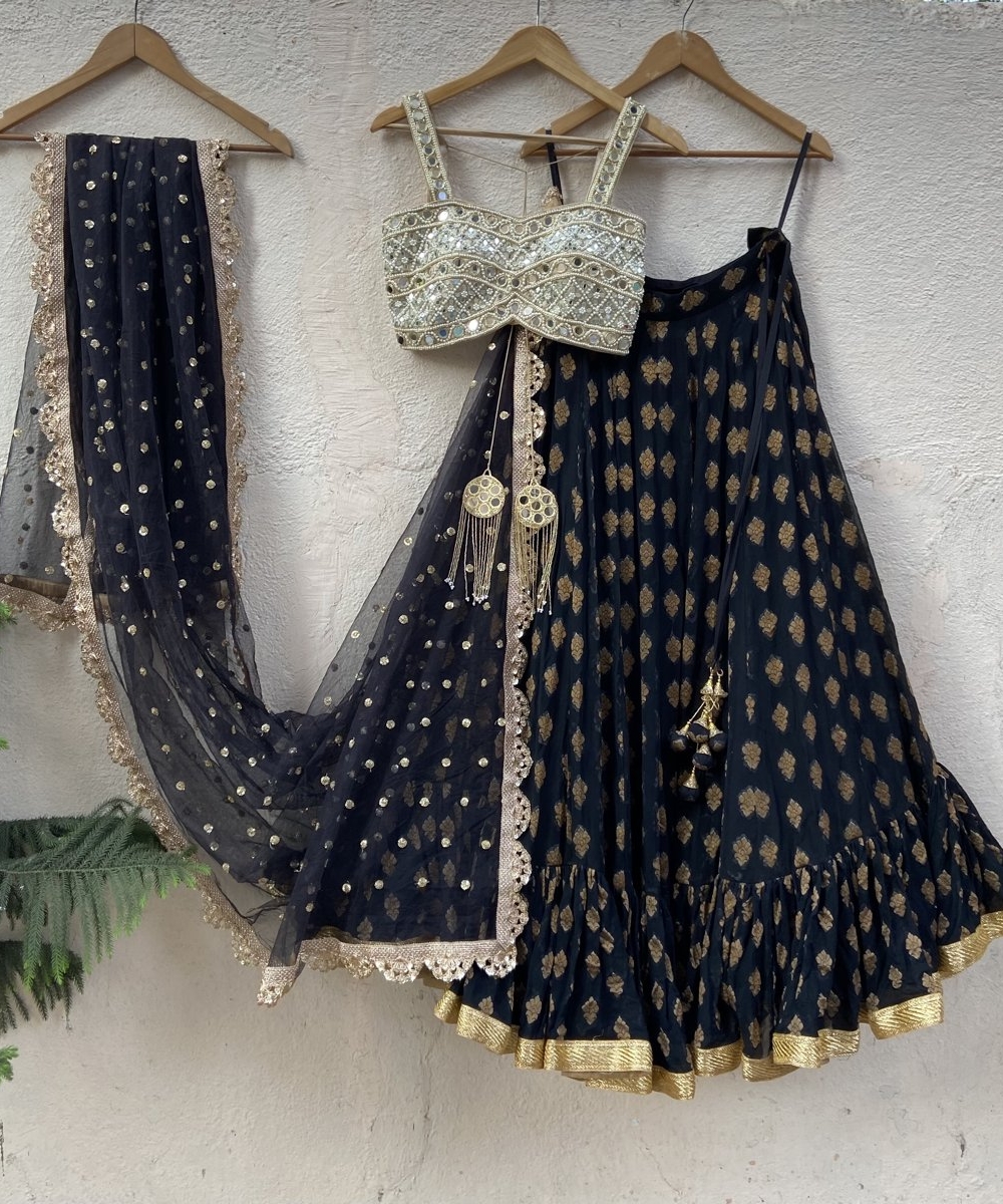 Black Ruffle Lehenga Set with Mirror Blouse 20% Off Sale