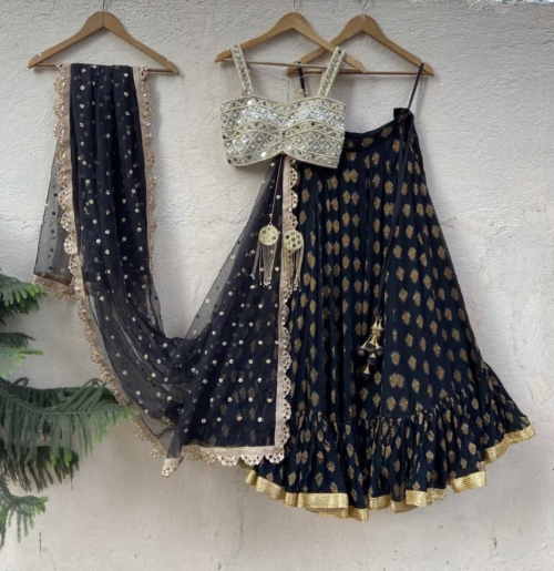 Black Ruffle Lehenga Set with Mirror Blouse Bridesmaids