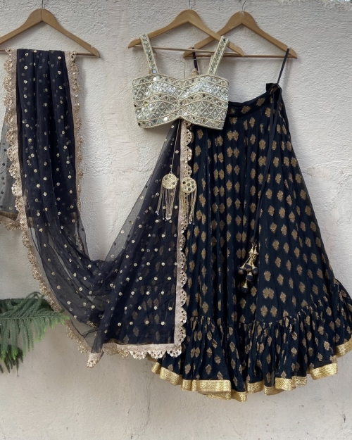 Black Ruffle Lehenga Set with Mirror Blouse - Fashion Brand & Designer Priti Sahni