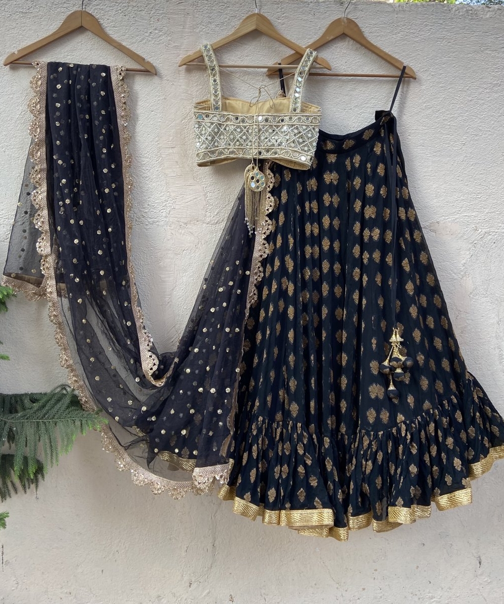 Black Ruffle Lehenga Set with Mirror Blouse Bridesmaids 2