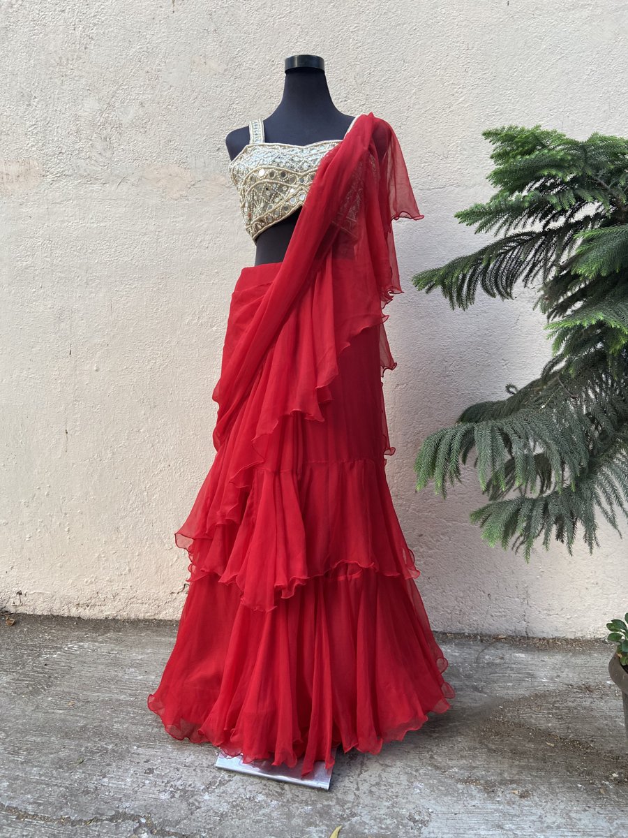 Red Ruffle Saree Indo-Western