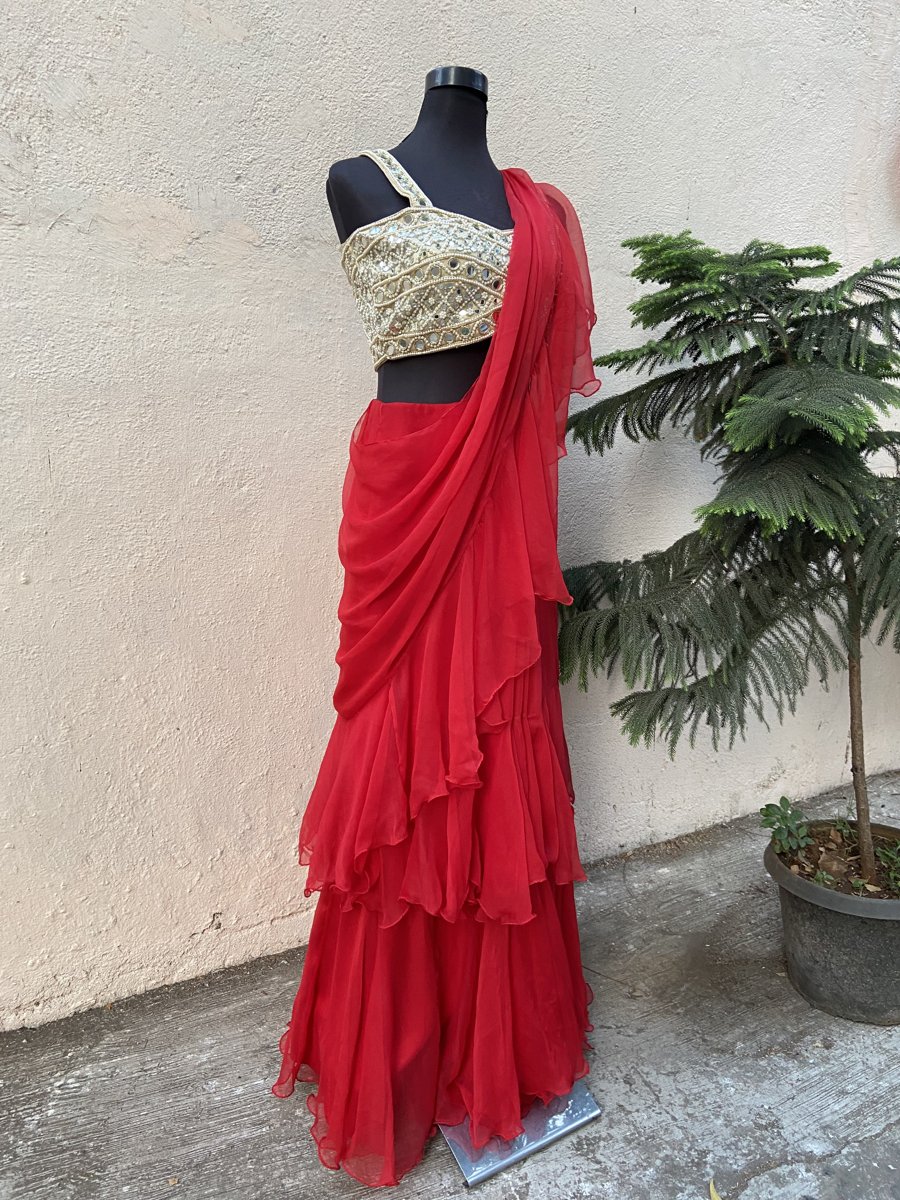 Red Ruffle Saree - Priti Sahni