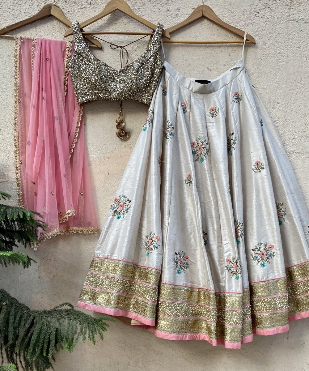 Off-White Raw Silk Lehenga with Colourful Embroidery - Fashion Brand & Designer Priti Sahni