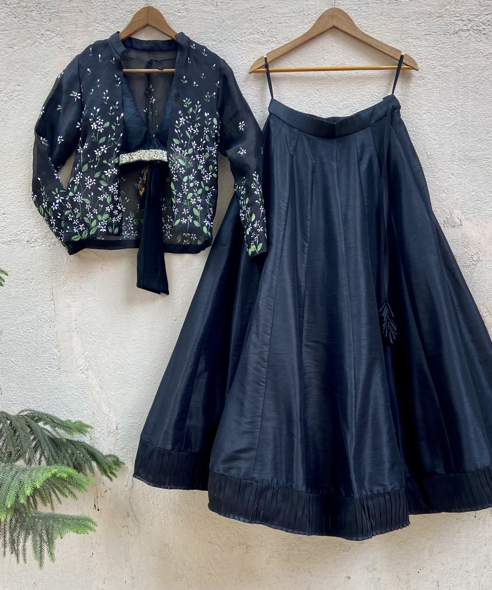 Black Raw Silk Lehenga Set with Handprinted Jacket - Fashion Brand & Designer Priti Sahni 6