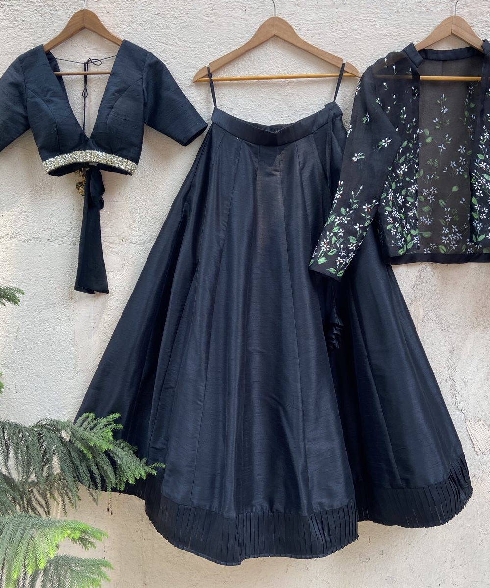 Black Raw Silk Lehenga Set with Handprinted Jacket - Fashion Brand & Designer Priti Sahni
