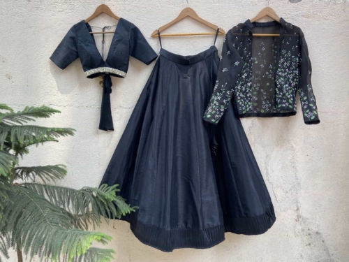 Black Raw Silk Lehenga Set with Handprinted Jacket Lehengas