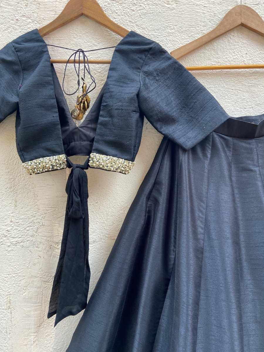 Black Raw Silk Lehenga Set with Handprinted Jacket - Fashion Brand & Designer Priti Sahni 4