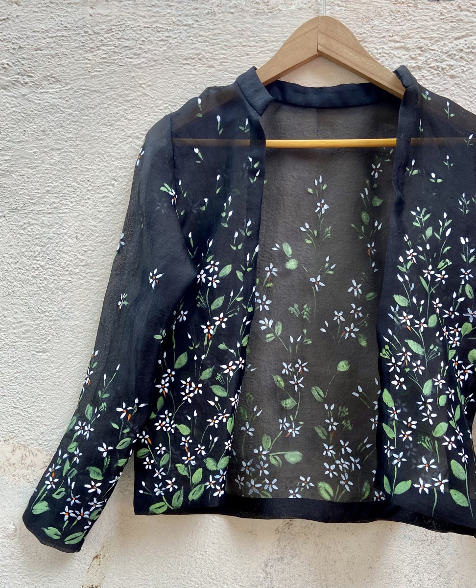 Black Raw Silk Lehenga Set with Handprinted Jacket - Fashion Brand & Designer Priti Sahni 3
