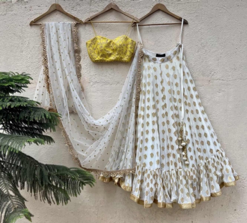 Ivory Ruffle Lehenga and Yellow Bustier Set Lehengas
