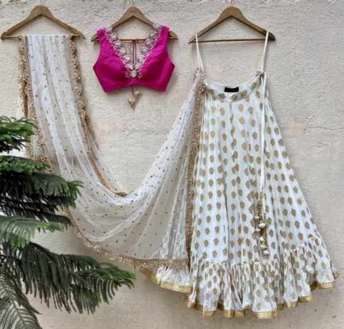 Ivory Ruffle Lehenga and Fuchsia Blouse Set Bridesmaids