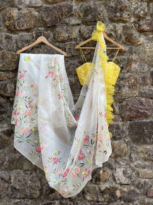 Ivory Floral Hand Painted Saree With Bustier Sarees