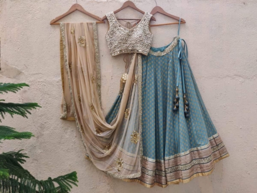 Turkish Blue and Nude Lehenga Set Bridesmaids