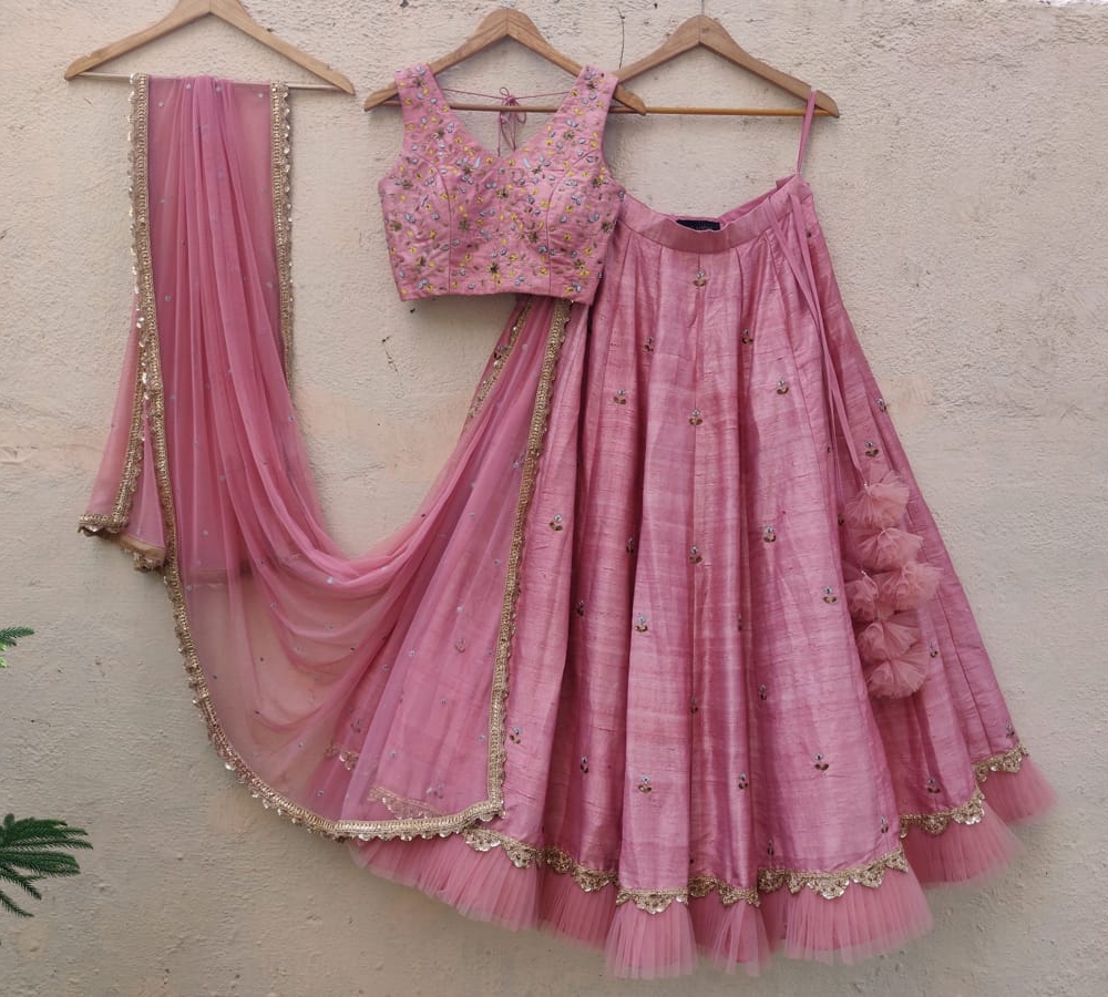 Nude Pink Resham and Sequin Embroidered Lehenga Set Bridesmaids