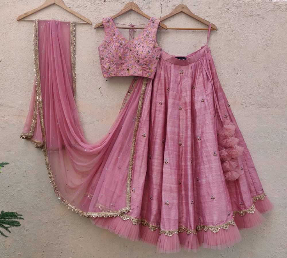 Nude Pink Resham and Sequin Embroidered Lehenga Set Bridesmaids