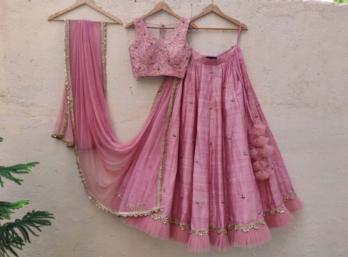 Nude Pink Resham and Sequin Embroidered Lehenga Set Bridesmaids