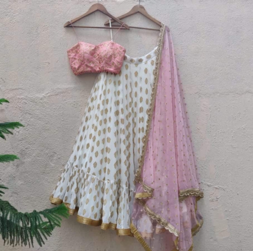 Ivory Ruffle Lehenga and Pink Bustier Set Lehengas