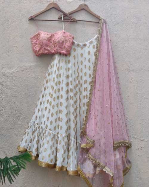 Ivory Ruffle Lehenga and Pink Bustier Set - Fashion Brand & Designer Priti Sahni