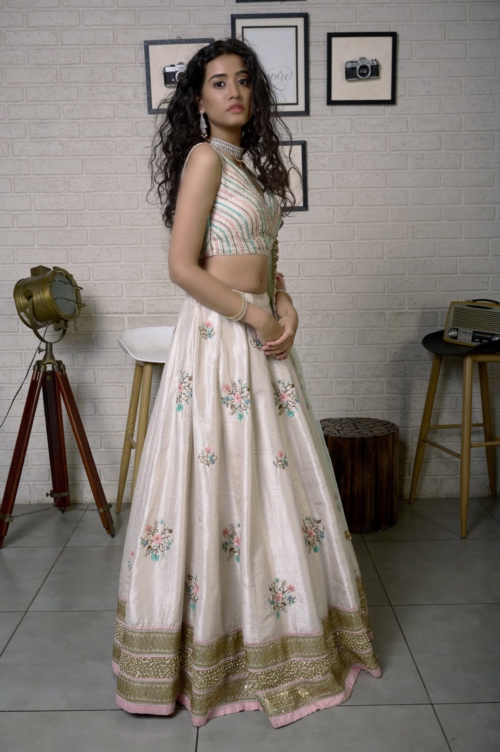 Off-White Raw Silk Colorful Embroidered Lehenga Set Lehengas