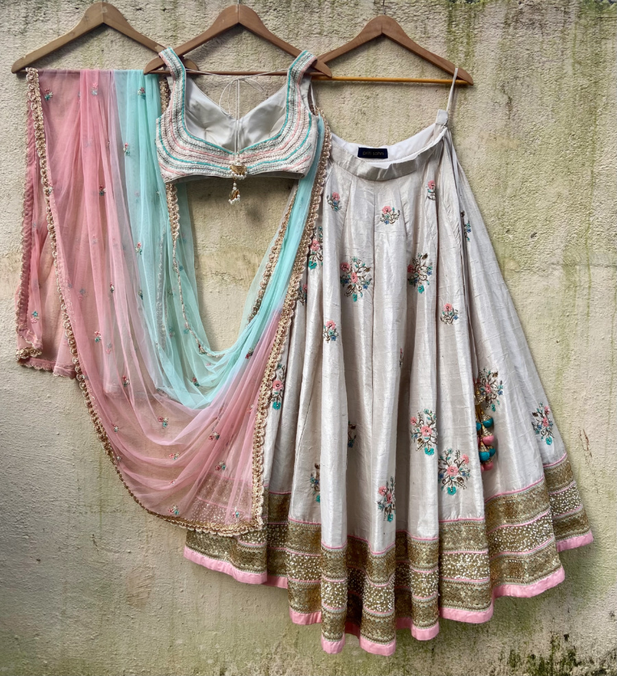 Off-White Raw Silk Colorful Embroidered Lehenga Set - Fashion Brand & Designer Priti Sahni 2