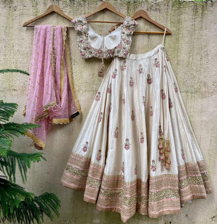 Ivory And Pink Thread And Mirror Work Lehenga Set - Fashion Brand & Designer Priti Sahni 2