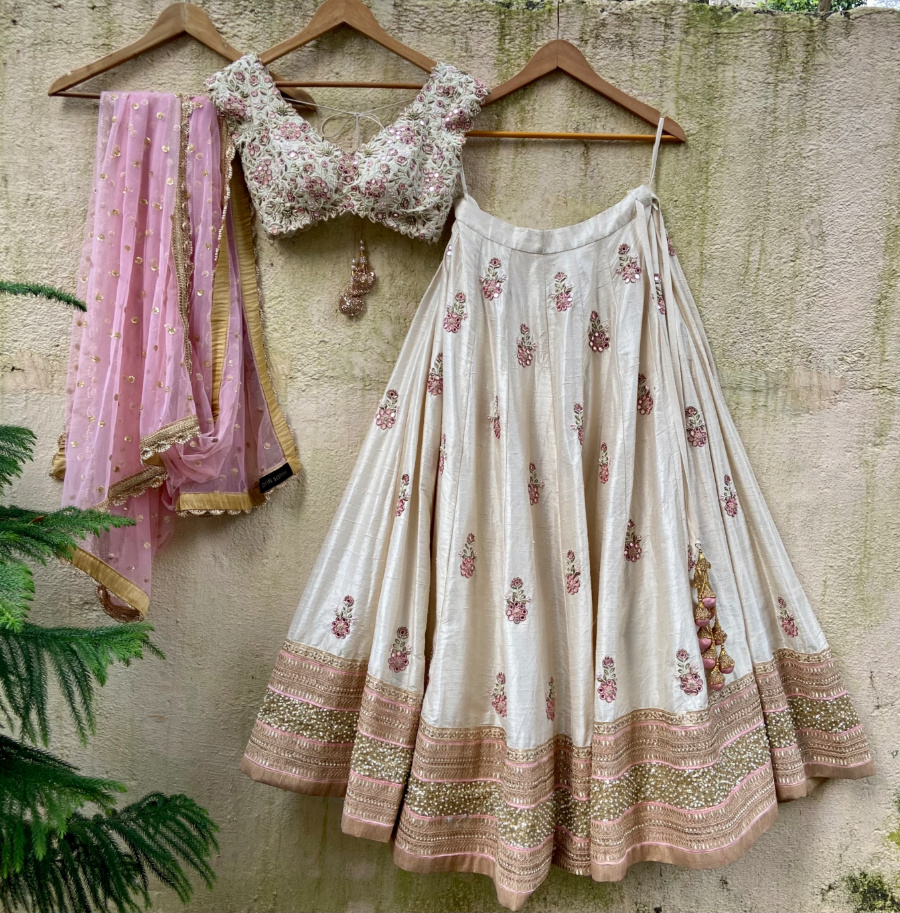 Ivory And Pink Thread And Mirror Work Lehenga Set - Fashion Brand & Designer Priti Sahni