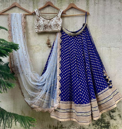 Blue And Ivory Embroidered Lehenga Set Lehengas