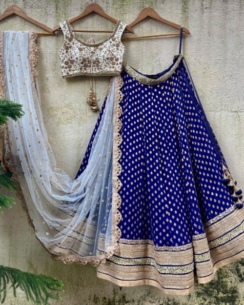 Blue And Ivory Embroidered Lehenga Set - Fashion Brand & Designer Priti Sahni