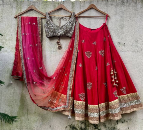 Red And Gold Raw Silk Lehenga Set With Ombre Dupatta Lehengas