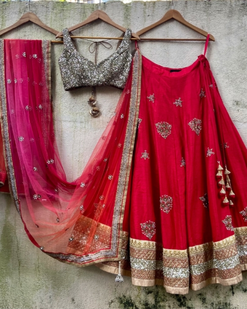 Red And Gold Raw Silk Lehenga Set With Ombre Dupatta - Fashion Brand & Designer Priti Sahni