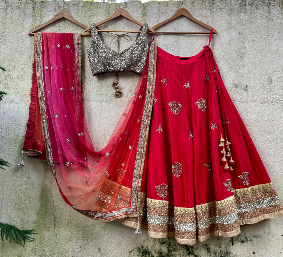 Red And Gold Raw Silk Lehenga Set With Ombre Dupatta - Fashion Brand & Designer Priti Sahni 3
