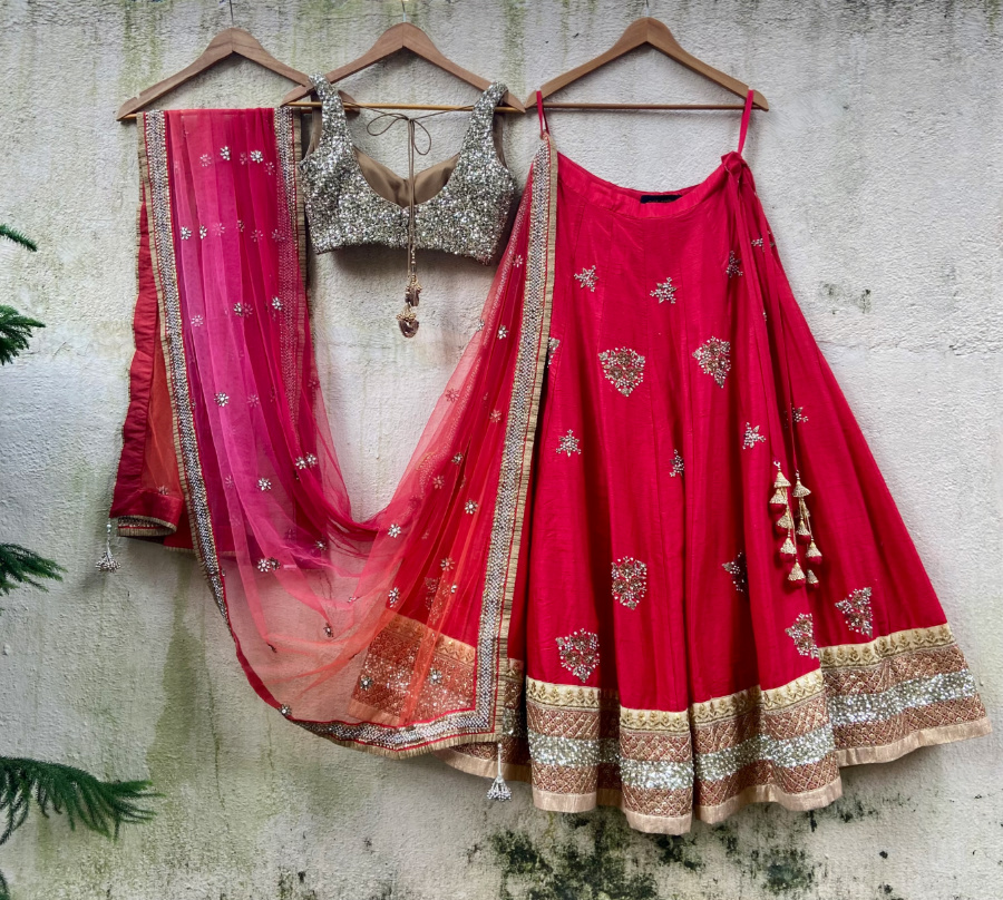Red And Gold Raw Silk Lehenga Set With Ombre Dupatta - Fashion Brand & Designer Priti Sahni 4