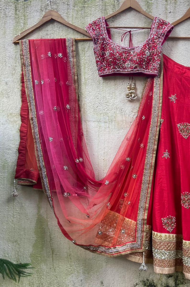 Red Raw Silk Lehenga Set With Ombre Dupatta Bridal Couture 2