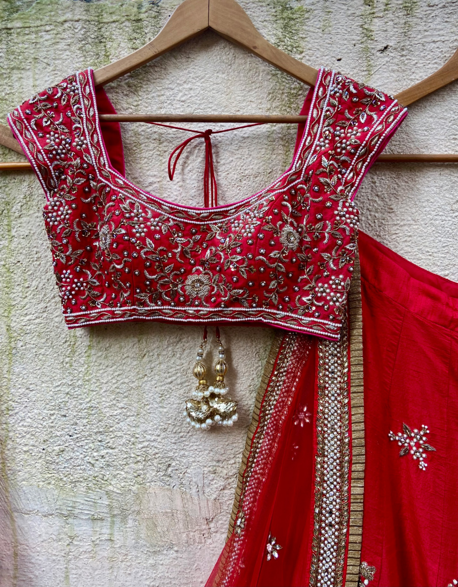Red Raw Silk Lehenga Set With Ombre Dupatta Bridal Couture 3