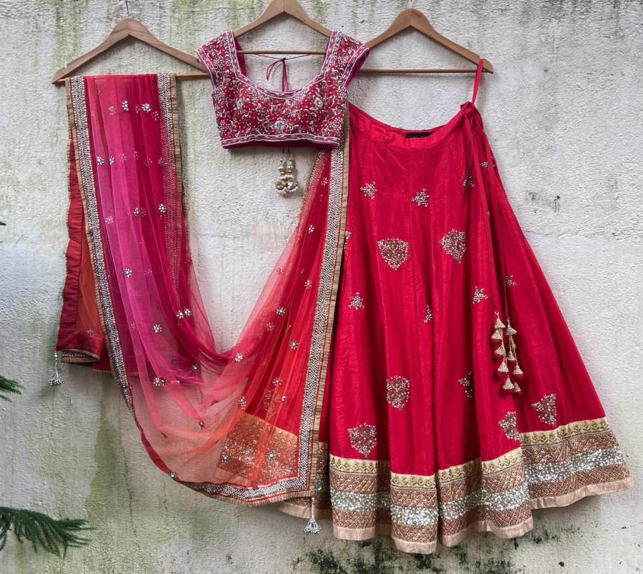 Red Raw Silk Lehenga Set With Ombre Dupatta Bridal Couture