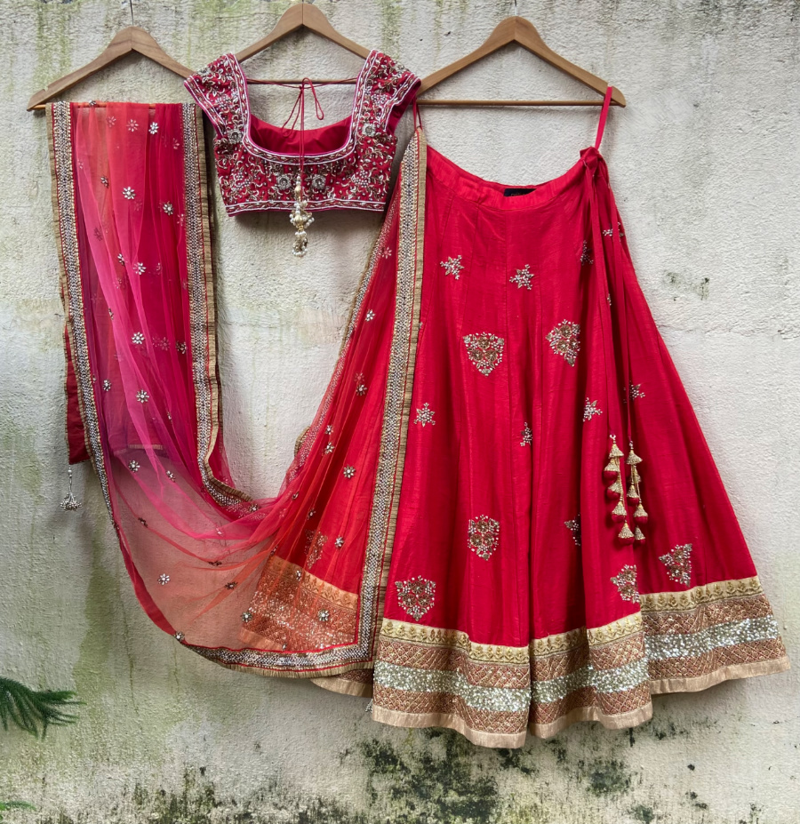 Red Raw Silk Lehenga Set With Ombre Dupatta Bridal Couture 4