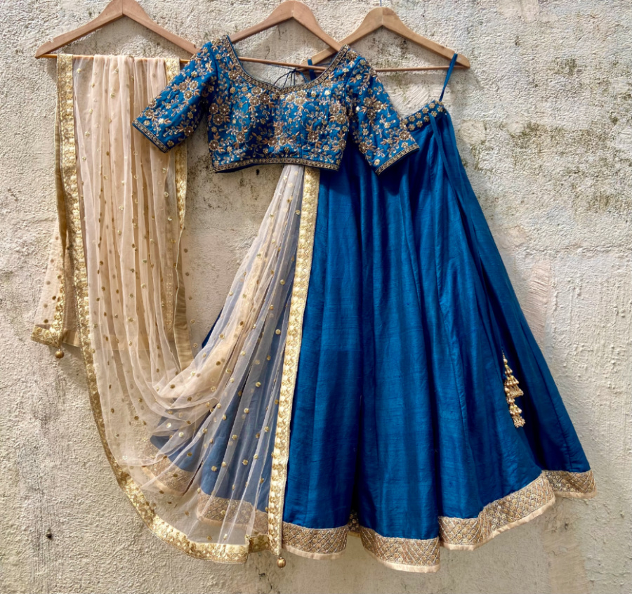 Teal Raw Silk Lehenga Set - Fashion Brand & Designer Priti Sahni