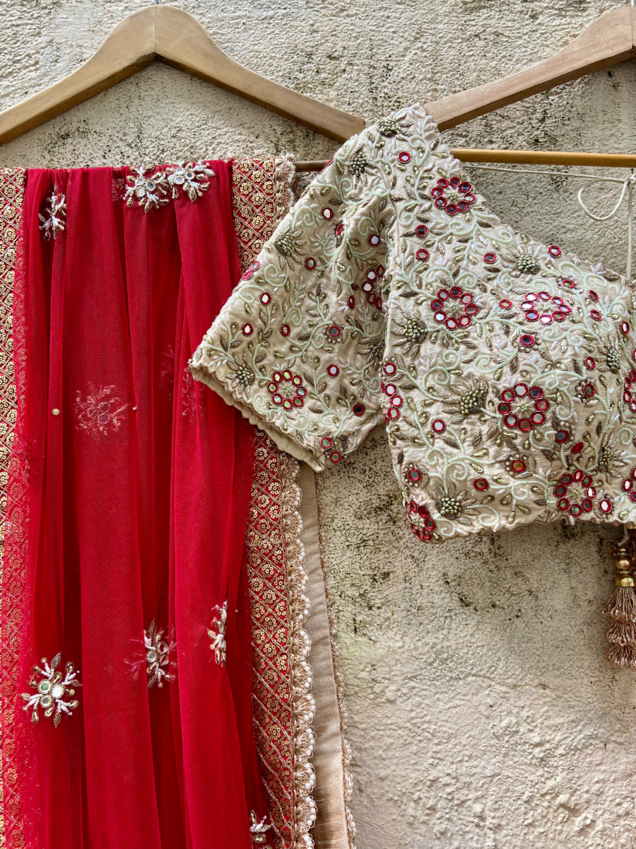 Ivory And Red Bridal Thread And Mirror Work Lehenga Set - Fashion Brand & Designer Priti Sahni 2