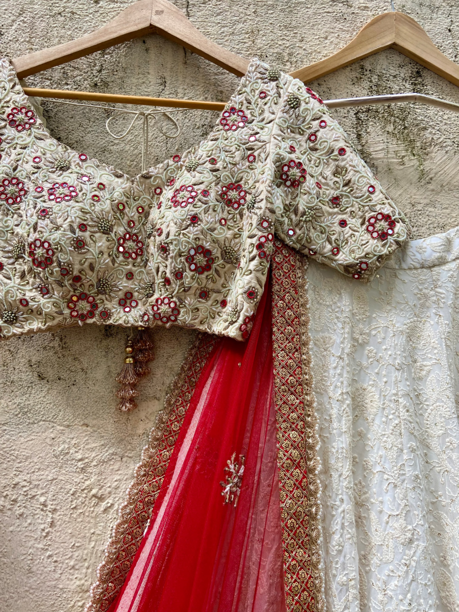 Ivory And Red Bridal Thread And Mirror Work Lehenga Set - Fashion Brand & Designer Priti Sahni 3