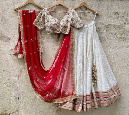 Ivory And Red Bridal Thread And Mirror Work Lehenga Set Lehengas